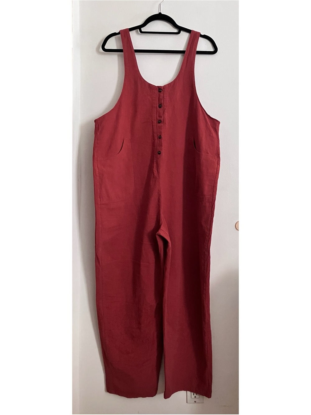 Rust Cotton-Linen Button-Front Wide-Leg Sleeveless Jumpsuit Women’s XL / US 6-12